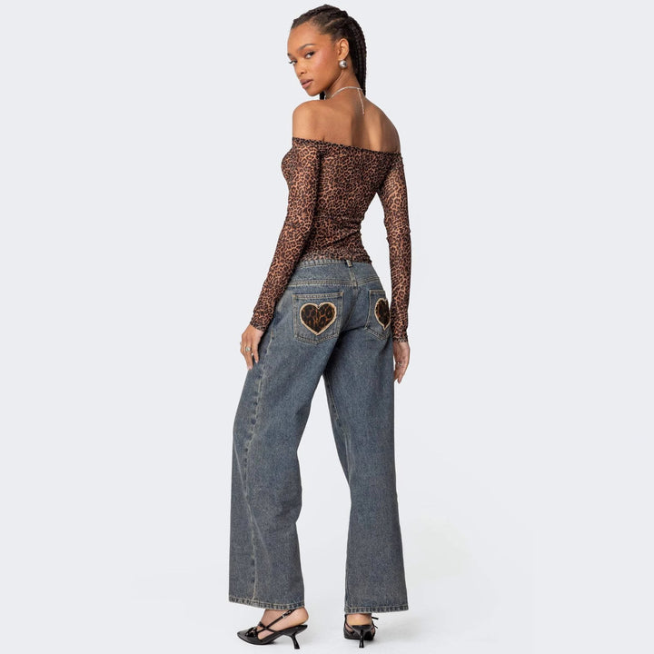 Damen Off-Shoulder Langarmshirt mit Leopardenmuster Drune