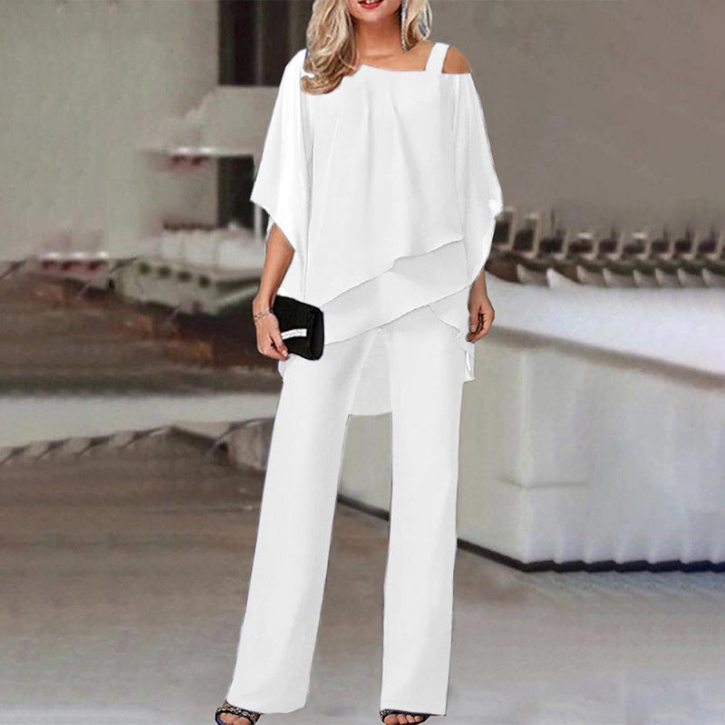 Damen elegantes zwei-teiliges Outfit mit asymmetrischem Oberteil und weiten Hosen Drune