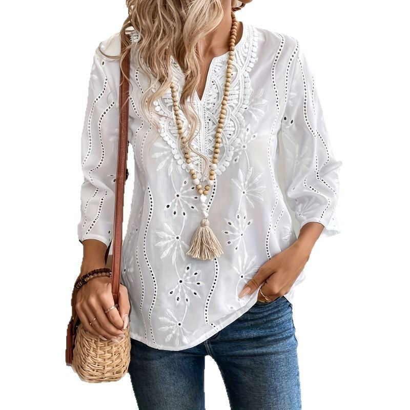 Damen bestickte Bohemian Bluse mit Dreiviertelärmeln Drune