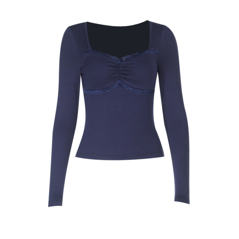 Damen Longsleeve Oberteil mit dekadenter Spitzenborte und raffiniertem Drapierungsdetail Drune