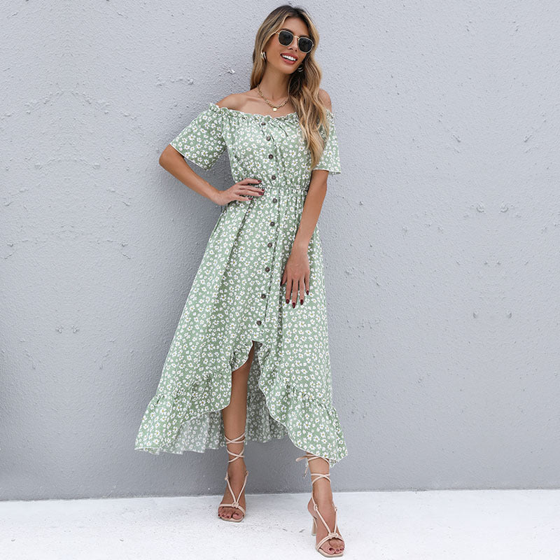Damen Maxikleid mit Blumenmuster und elegantem Rüschensaum Drune