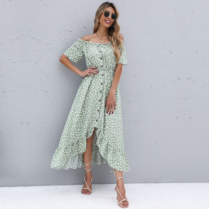 Damen Maxikleid mit Blumenmuster und elegantem Rüschensaum Drune