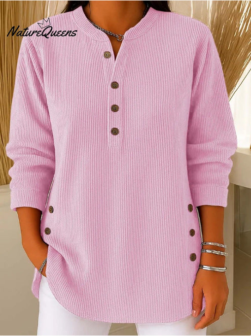 Damen Langarmshirt mit Knopfleiste und modernen Seitenknopfdetails Drune