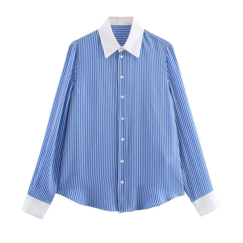 Drune | Modische Blau Weiß Gestreifte Revers Vielseitige Bluse