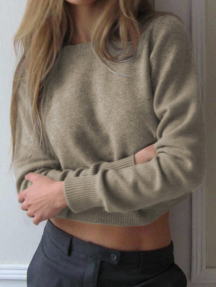Damen nan kurz geschnittener Feinstrickpullover mit weitem U-Boot-Ausschnitt und gerippten Bündchen Drune
