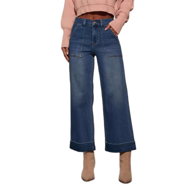 Damen weit geschnittene Denim-Hose mit hohem Bund Drune