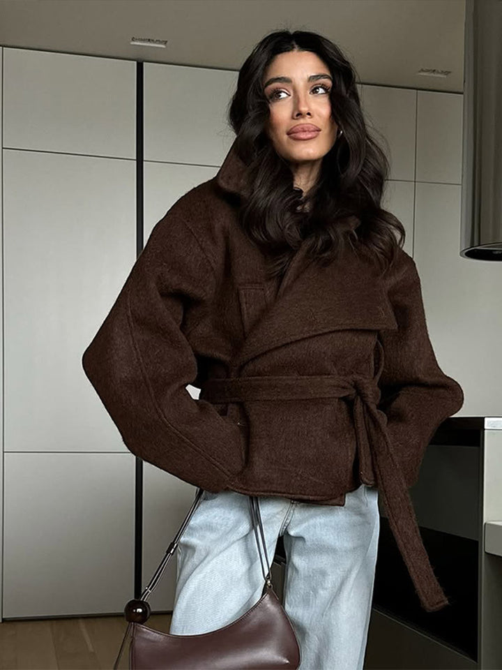 Damen elegante Oversized-Wolljacke mit Gürtel Drune