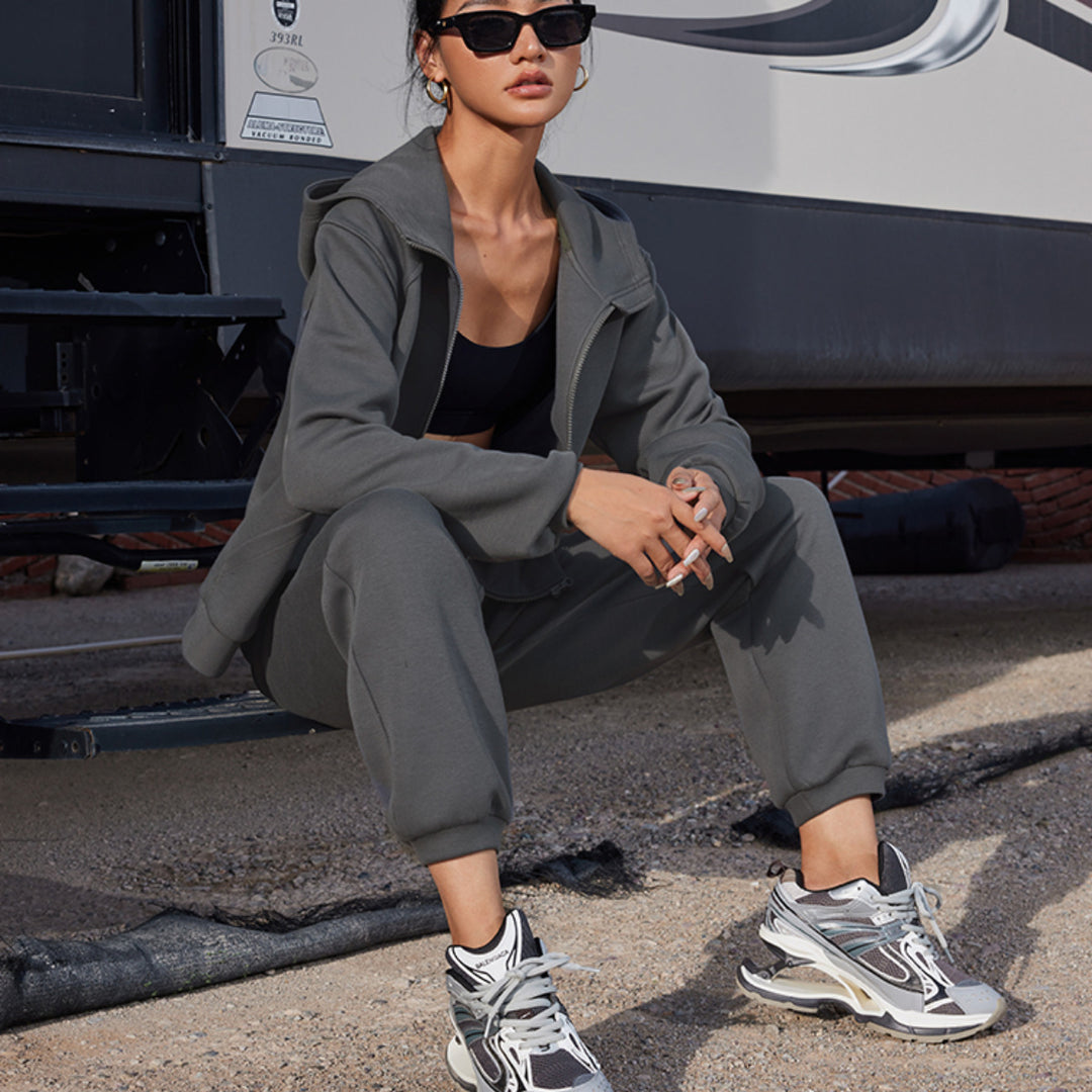 Damen nan athletisches Freizeit-Set mit Zip-Hoodie im Oversize-Schnitt und taillenhoher Komfort-Jogginghose Drune