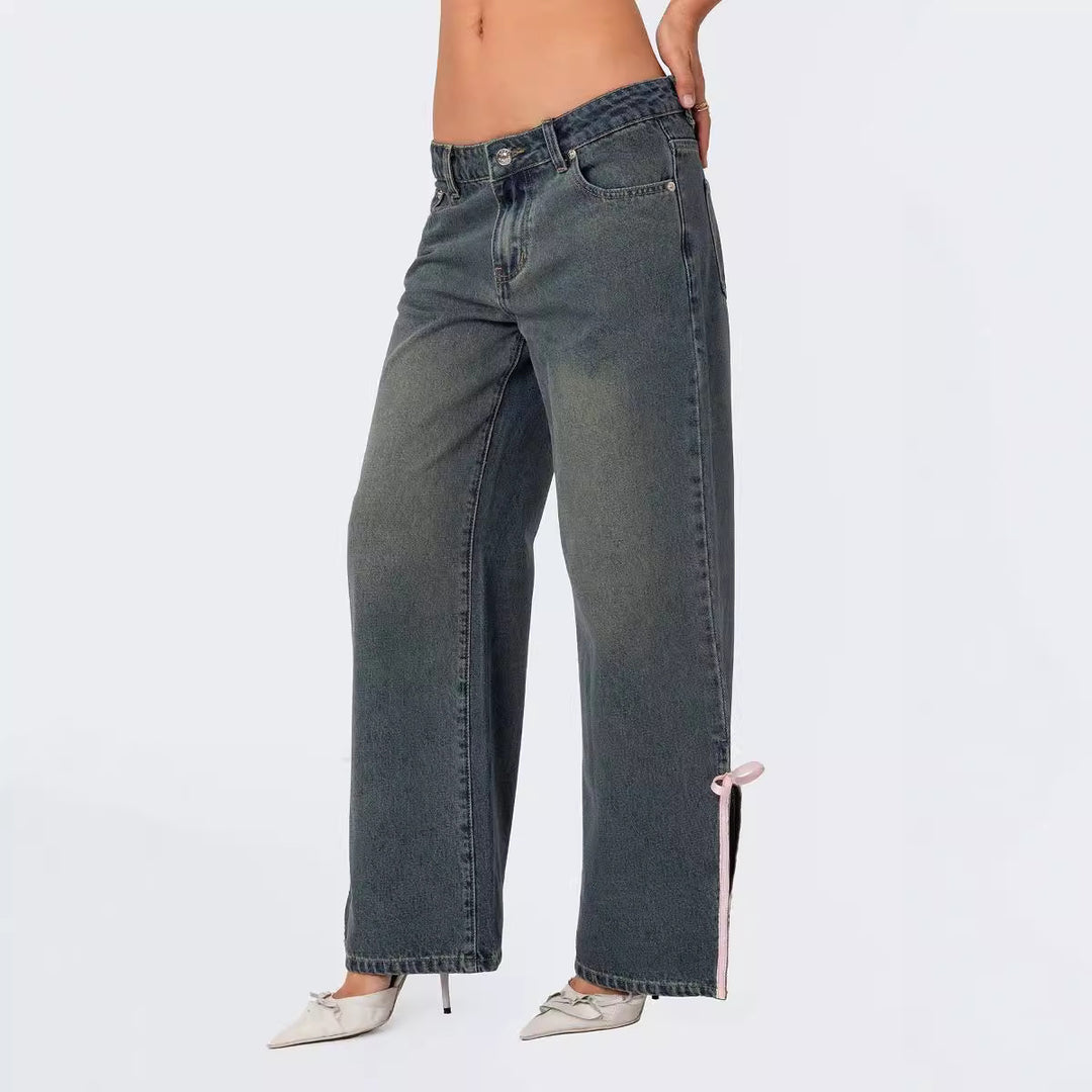 Damen Hohe Taillen Denim-Hose mit modischen Schleifendetails Drune
