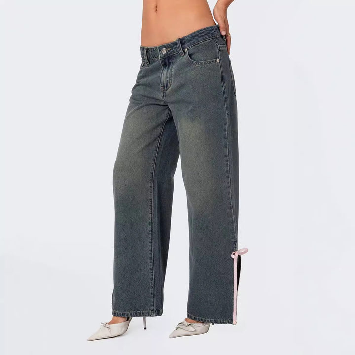 Damen Hohe Taillen Denim-Hose mit modischen Schleifendetails Drune