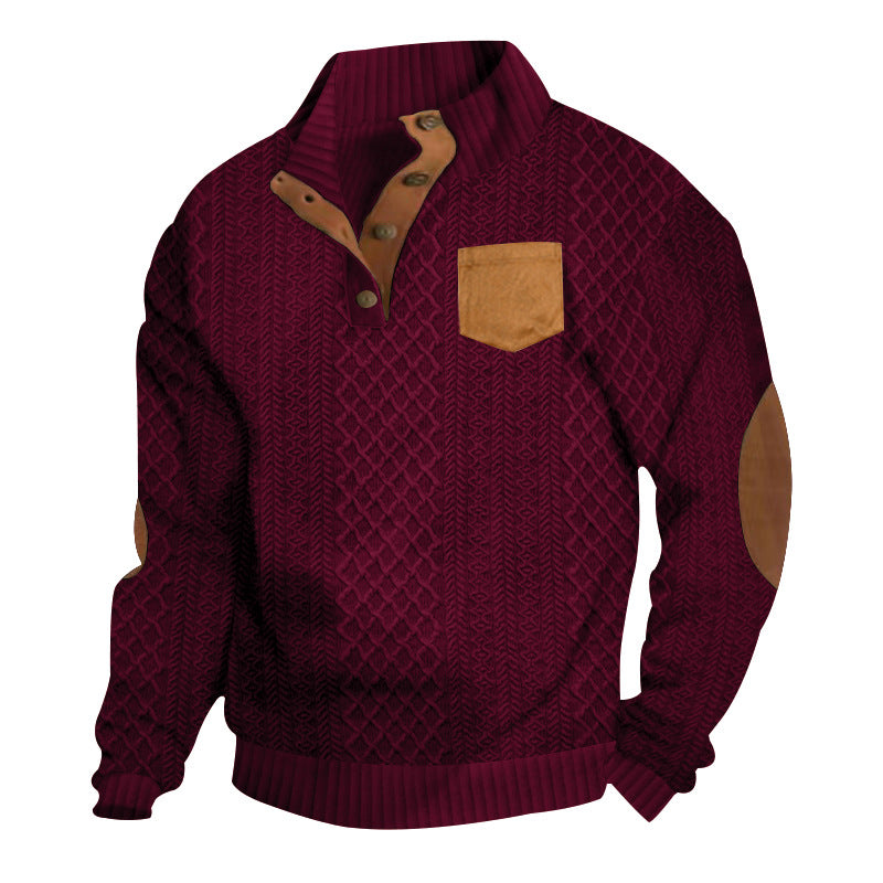 Herren nan texturierter Strickpullover mit Stehkragen, halber Knopfleiste und Lederpatches Drune