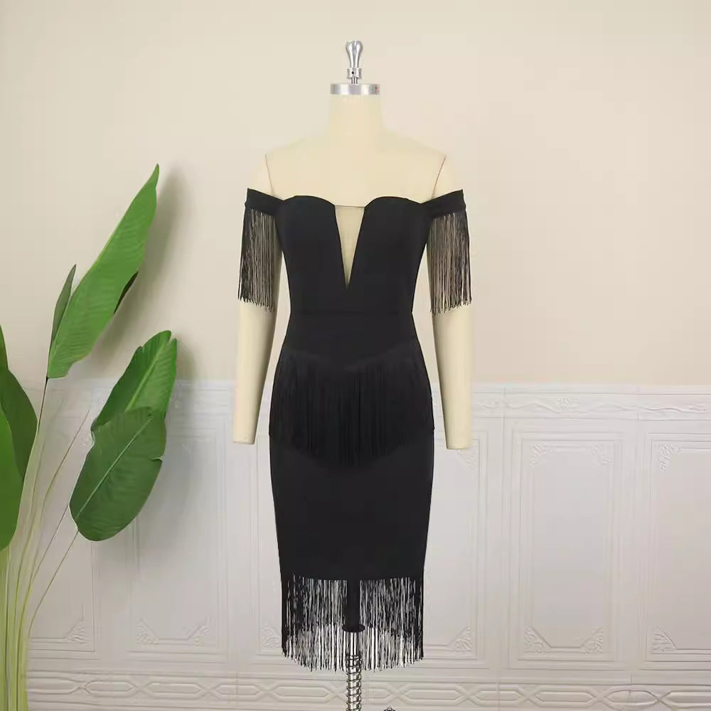 Damen elegantes Cocktailkleid mit Off-Shoulder Design und fransigen Ärmeln Drune
