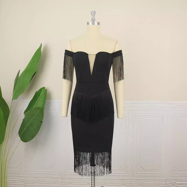 Damen elegantes Cocktailkleid mit Off-Shoulder Design und fransigen Ärmeln Drune
