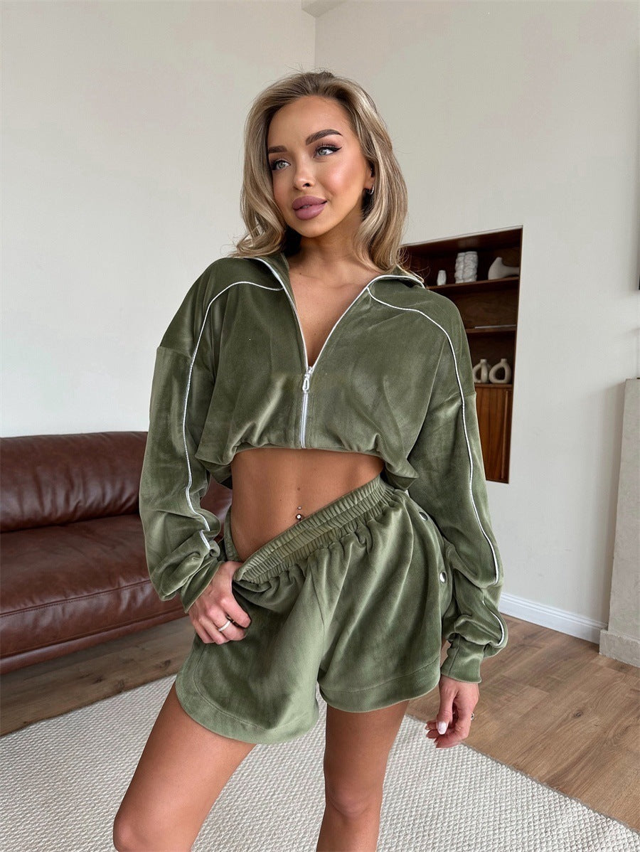 Damen nan kurzes Velours-Lounge-Set mit Cropped Zip-Hoodie und elastischer Highwaist-Shorts Drune