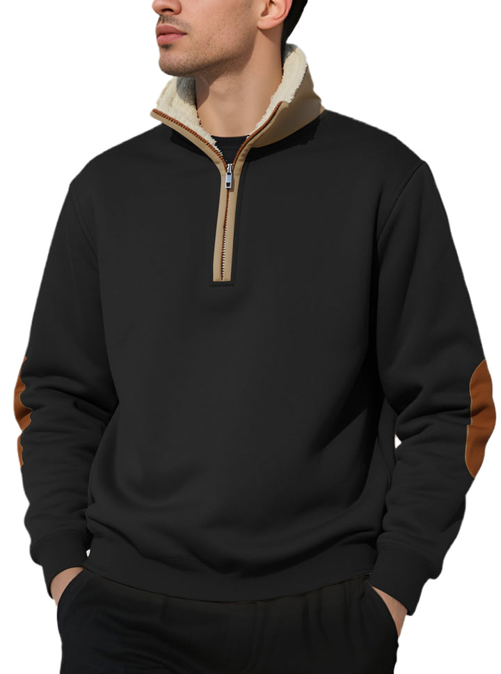 Herren nan legeres Halbzip-Sweatshirt mit Sherpagefüttertem Stehkragen und Kunstleder-Ellenbogenapplikation Drune