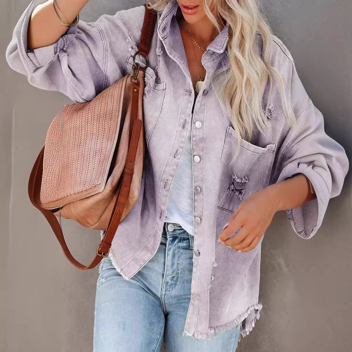 Damen lässige Oversized Jeansjacke mit fransigen Details Drune