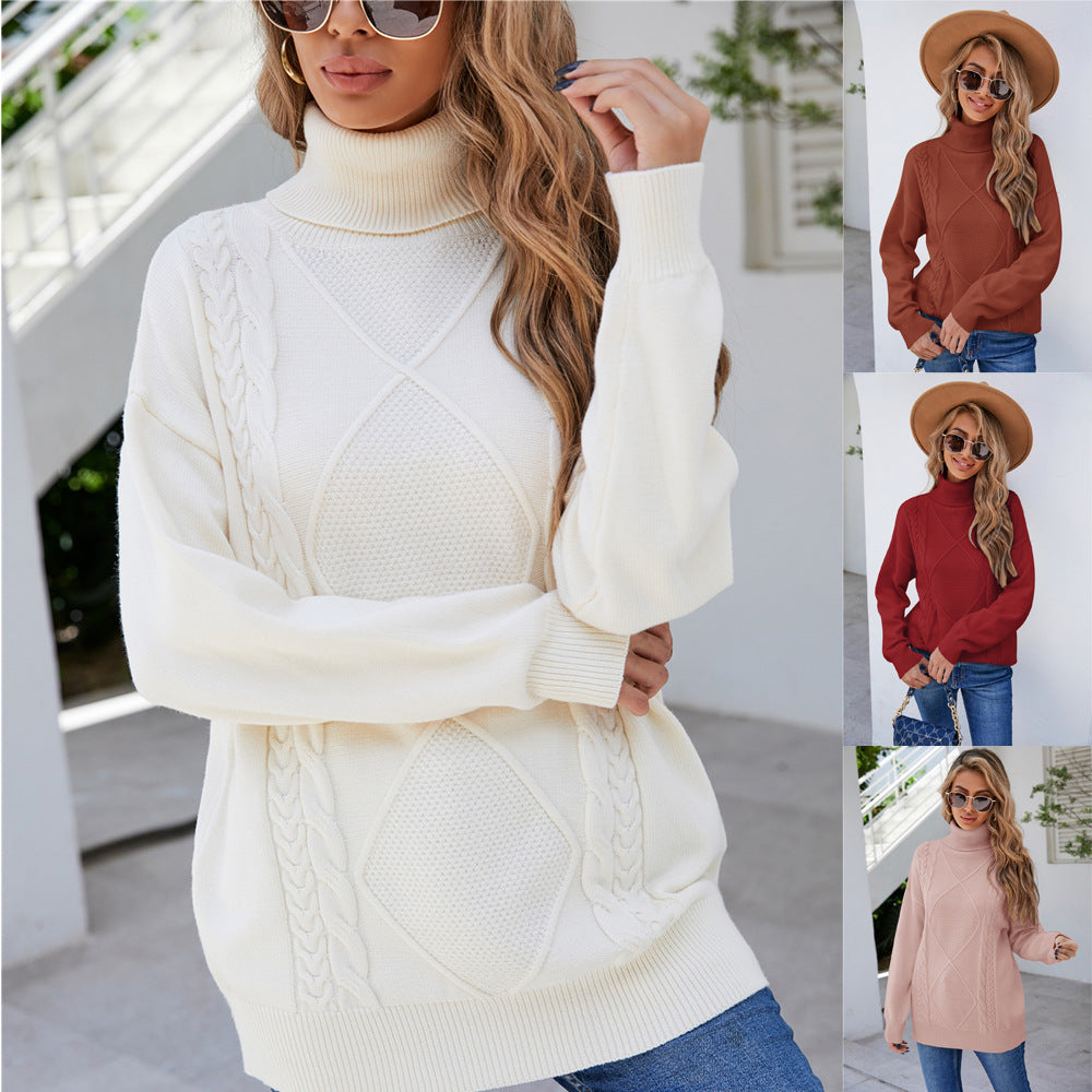 Damen Grobstrickpullover mit hohem Kragen und Zopfmuster Drune