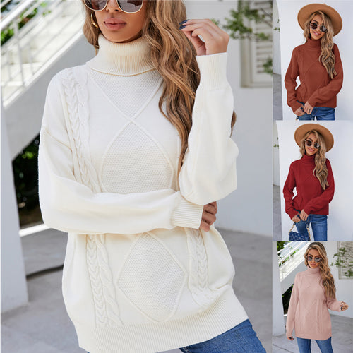 Damen Grobstrickpullover mit hohem Kragen und Zopfmuster Drune