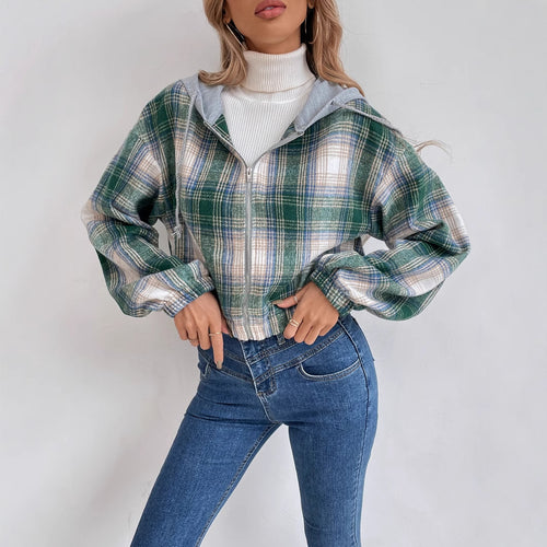 Damen cropped Flanelljacke mit Kapuze und modernem Karomuster Drune