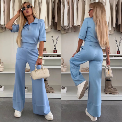 Damen trendiger Poloshirt und palazzo Hosen Set Drune