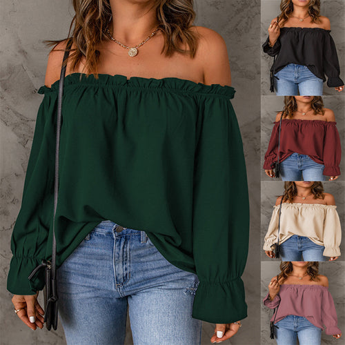 Damen schickes Off-Shoulder Oberteil mit Rüschendetails und elastischen Bündchen Drune