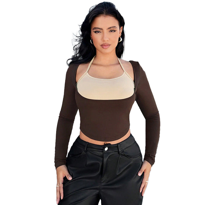 Damen modisches Langarm-Crop-Top mit integrierter Bustier-Optik Drune