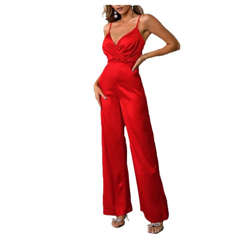 Damen Eleganter Jumpsuit mit tiefem V-Ausschnitt und schmaler Taille Drune
