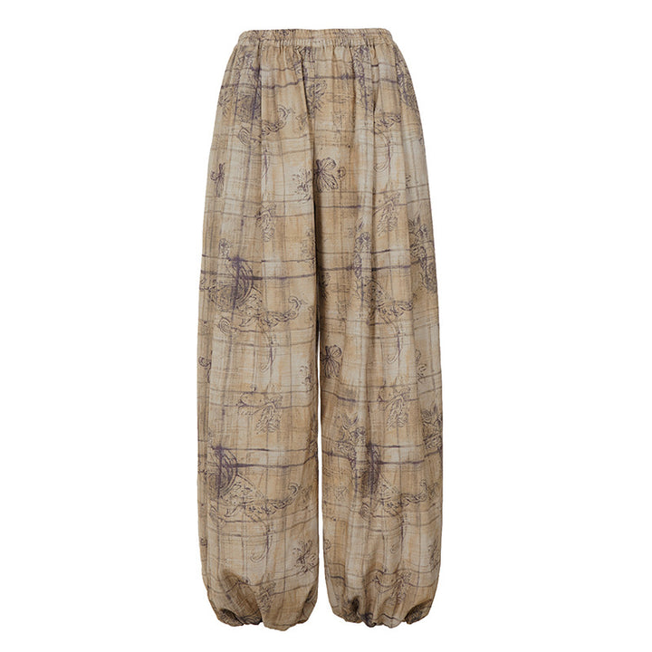 Damen weite Couture-Hosen mit elegantem Druck und elastischem Taillenbund Drune