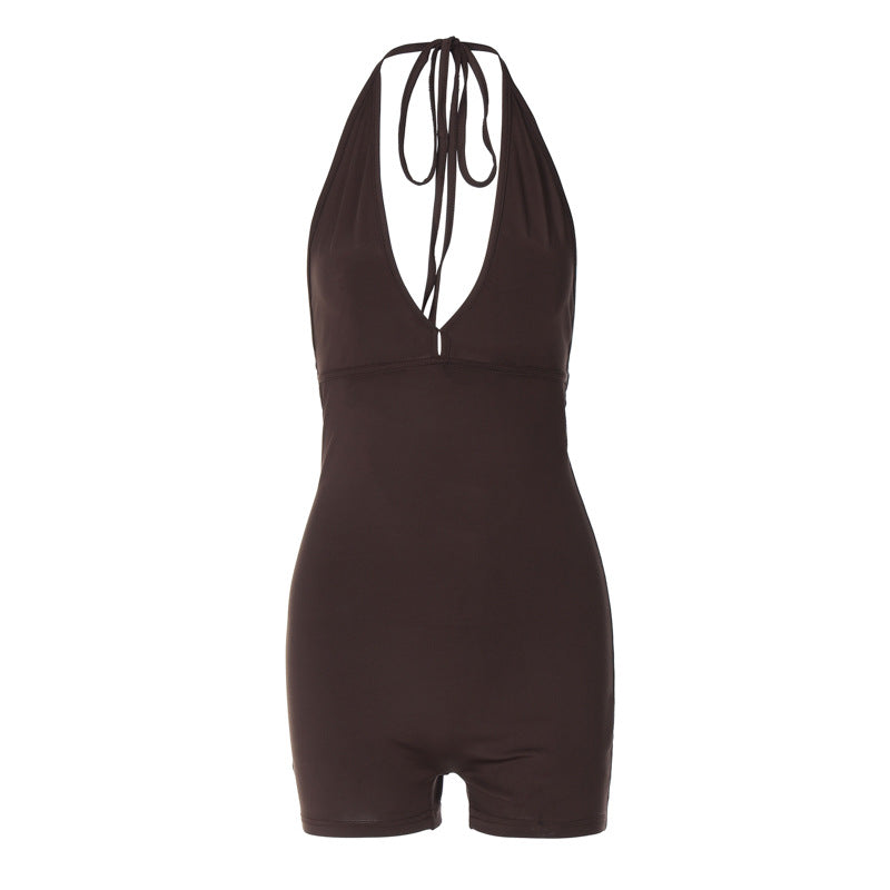 Damen Sportlicher Einteiler mit tiefem V-Ausschnitt und elastischem Bund Drune