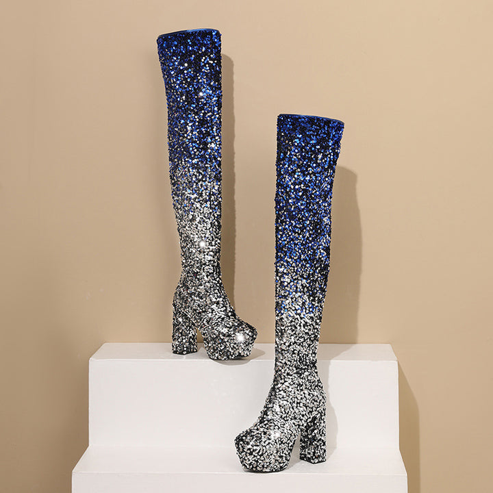Damen Hochglanz Glitzer Oberschenkelhohe Plateau Stiefel Drune