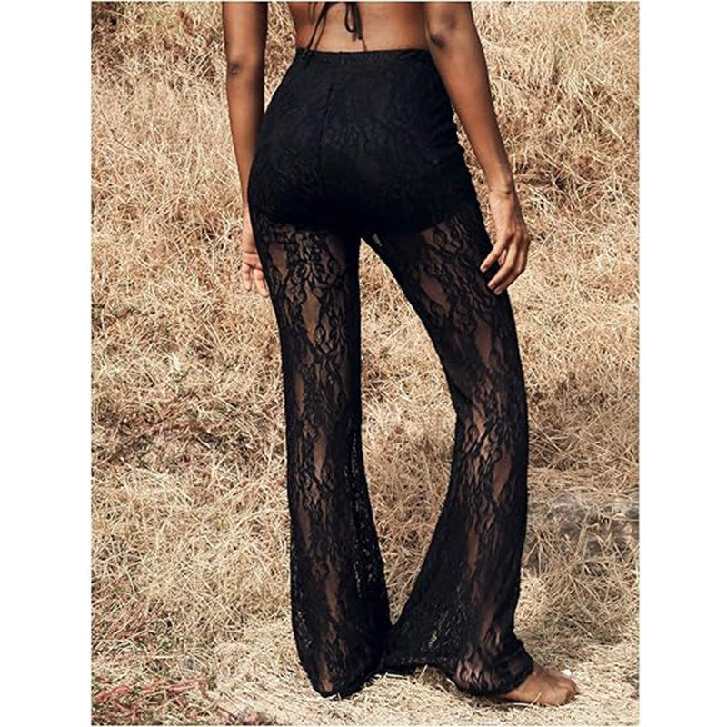 Damen elegante Spitzenhose mit hohem Bund und weit geschnittenem Bein Drune