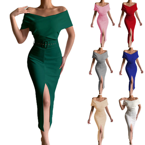 Damen Figurbetontes Abendkleid mit schulterfreiem Design und asymmetrischem Schlitz Drune