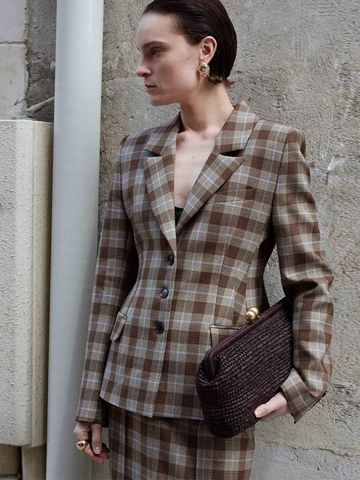 Damen Karierte Blazer- und Minirock-Kombination Drune