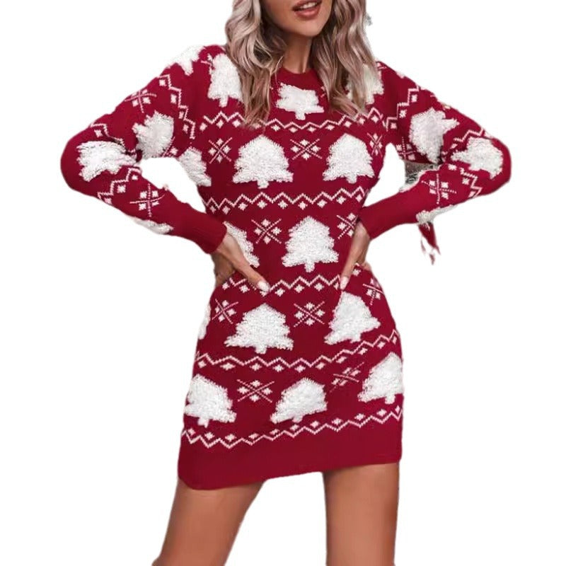 Damen Winterliches Strickkleid mit festlichem Tannenbaum-Muster Drune