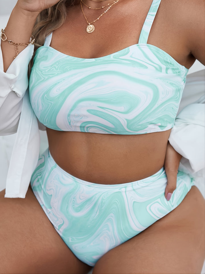 Damen Hochgeschnittenes Bikini-Set mit modernem Marmor-Design Drune