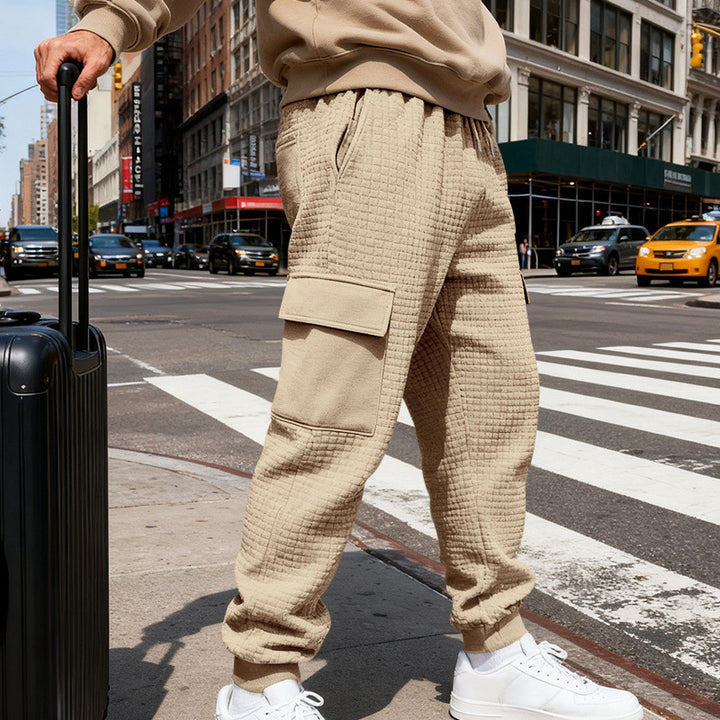 Herren nan Waffelstruktur Cargohose im Joggingstil mit Klappentaschen und elastischem Bund Drune