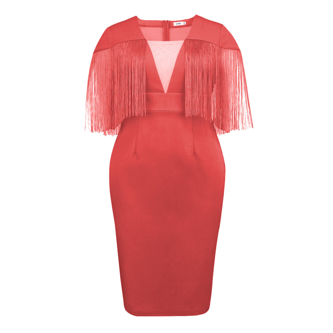 Damen Figurbetontes Kleid mit fransigen Ärmeln Drune