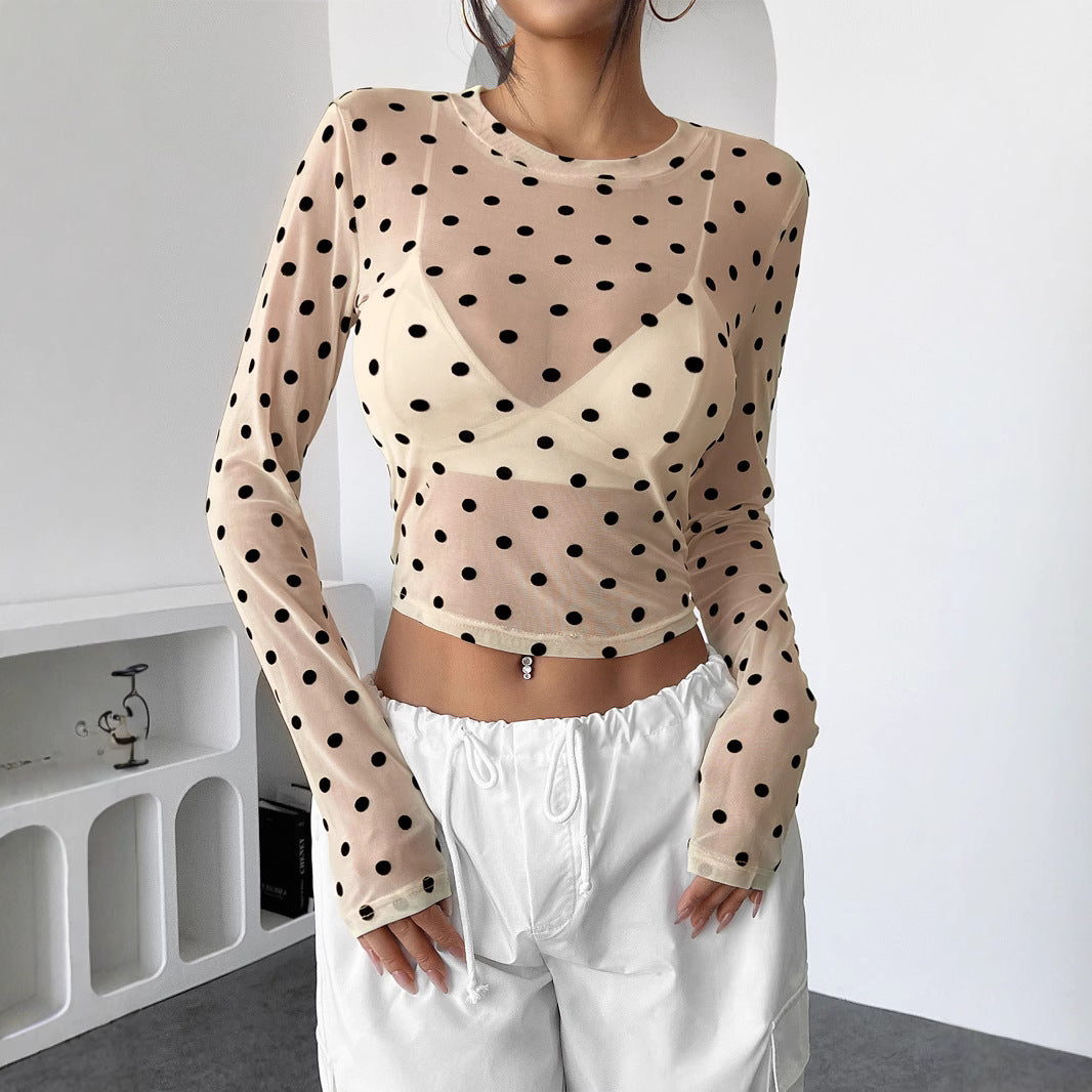 Damen nan bauchfreies Netzstoff-Oberteil mit Punktmuster und integriertem Bustier Drune