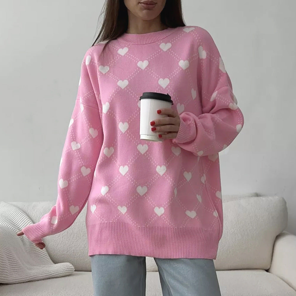 Damen Gemusterter Strickpullover mit Herzmotiv und lässigem Schnitt Drune