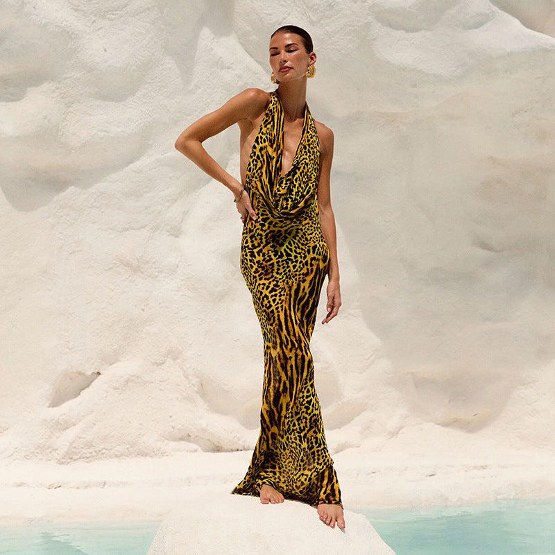 Damen Elegantes Tiermuster-Maxikleid mit tiefem Ausschnitt und fließendem Stoff Drune