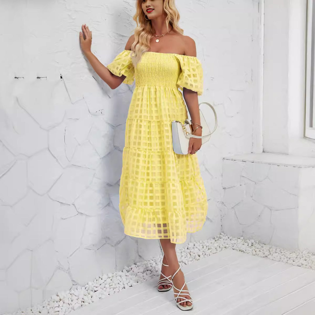 Damen Midi-Kleid mit Puffärmeln und elastischem Taillengürtel Drune