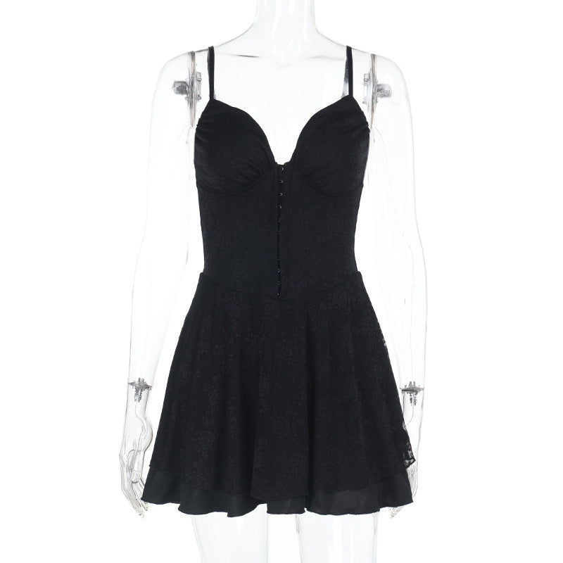 Damen figurbetontes Minikleid mit Spitzenoberteil und schwingendem Rock Drune