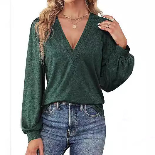 Damen elegantes Oberteil mit V-Ausschnitt und Puffärmeln Drune