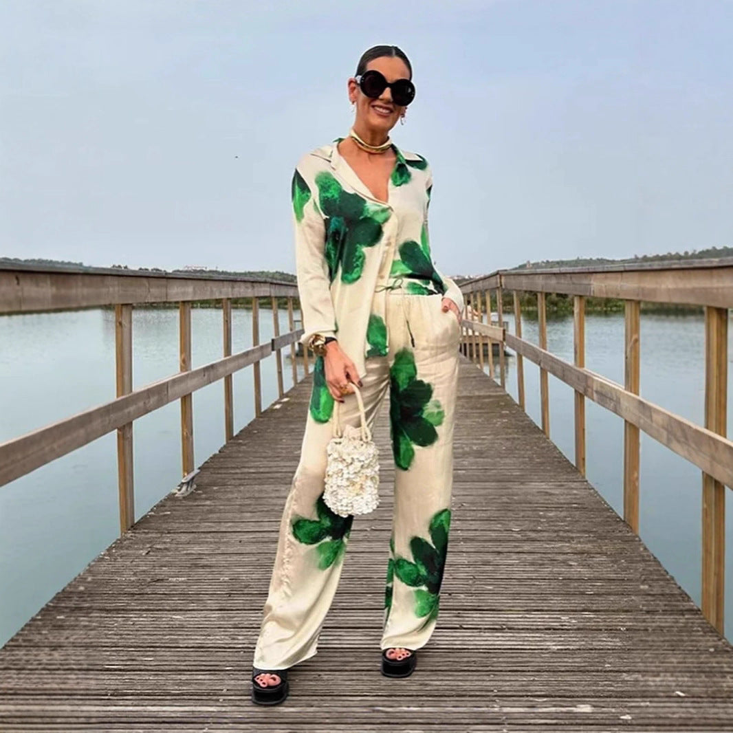 Damen elegante Schlafanzugset mit floralem Muster und weitem Schnitt Drune
