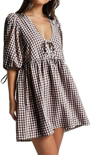 Damen Freizeitkleid mit V-Ausschnitt und Puffärmeln Drune
