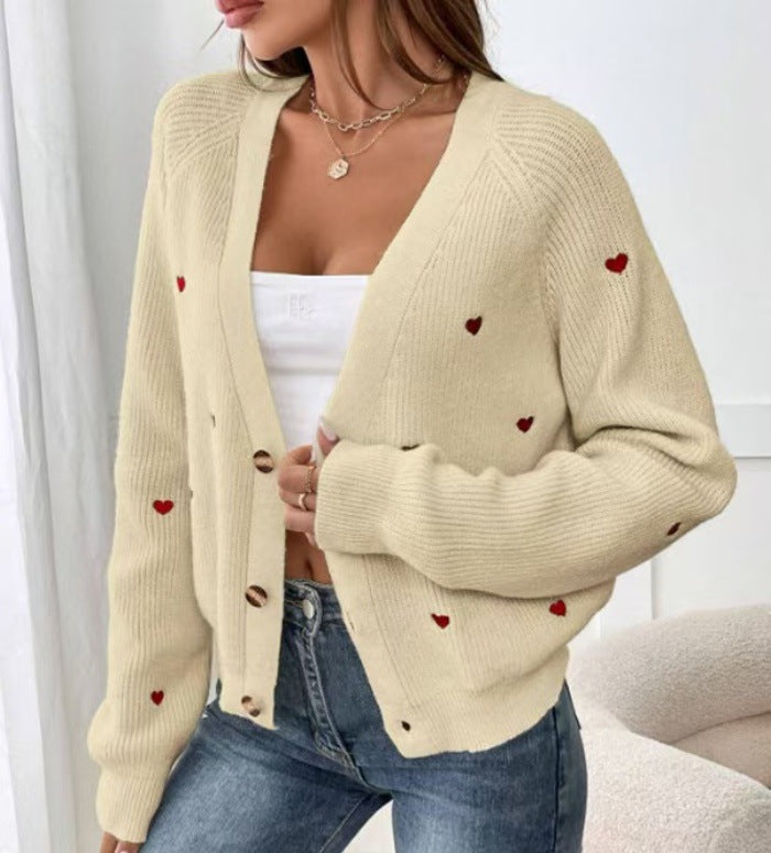 Damen lässige Strickjacke mit Herzapplikationen und tiefem V-Ausschnitt Drune
