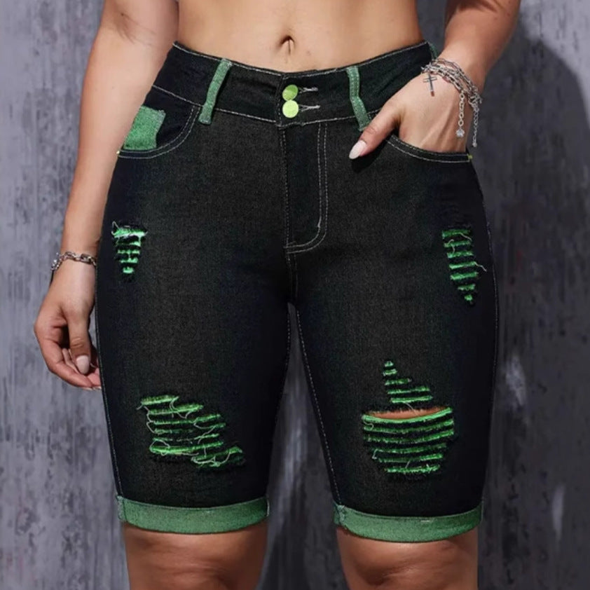 Damen Destroyed Denim-Shorts mit auffälligen Akzenten und hohem Bund Drune