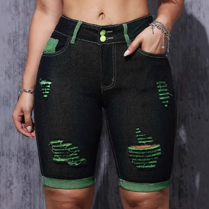 Damen Destroyed Denim-Shorts mit auffälligen Akzenten und hohem Bund Drune