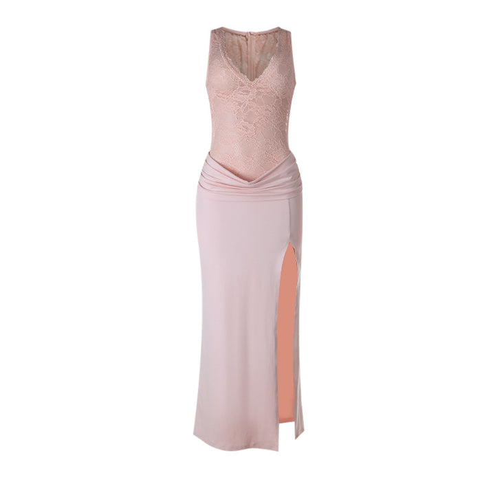 Damen elegantes Abend-Maxikleid mit raffinierten Spitzenakzenten und hohem Schlitz Drune