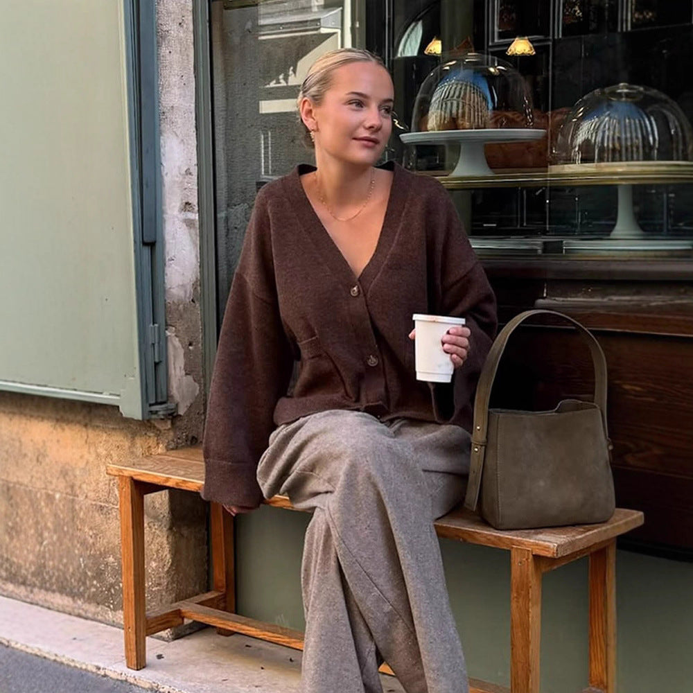 Damen lässige Strickjacke mit tiefem V-Ausschnitt und praktischen Taschen Drune
